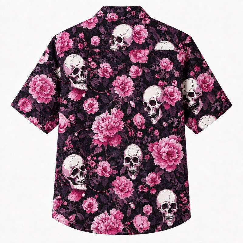 Halloween Hawaiian Shirt- Pink Peony Skull Print Fall Design
