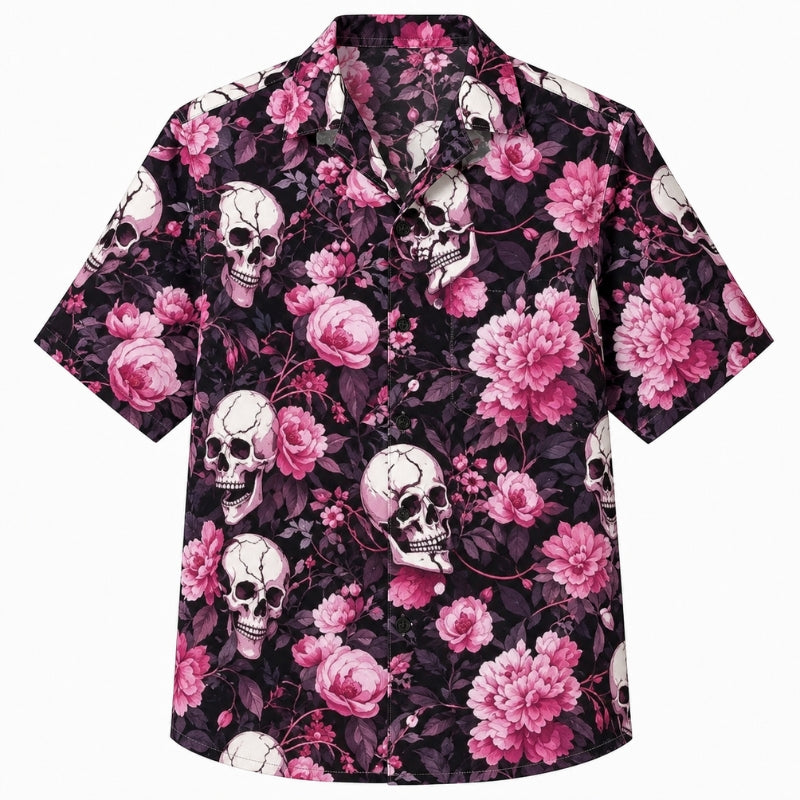Halloween Hawaiian Shirt- Pink Peony Skull Print Fall Design