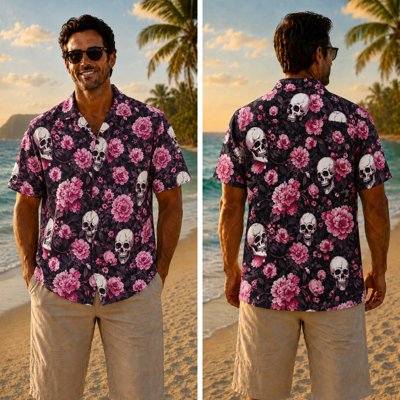 Halloween Hawaiian Shirt- Pink Peony Skull Print Fall Design