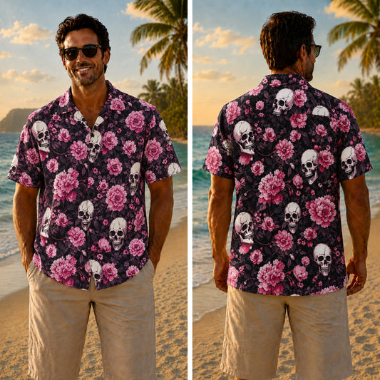 Halloween Hawaiian Shirt - Pink Peony Skull Print Fall Design