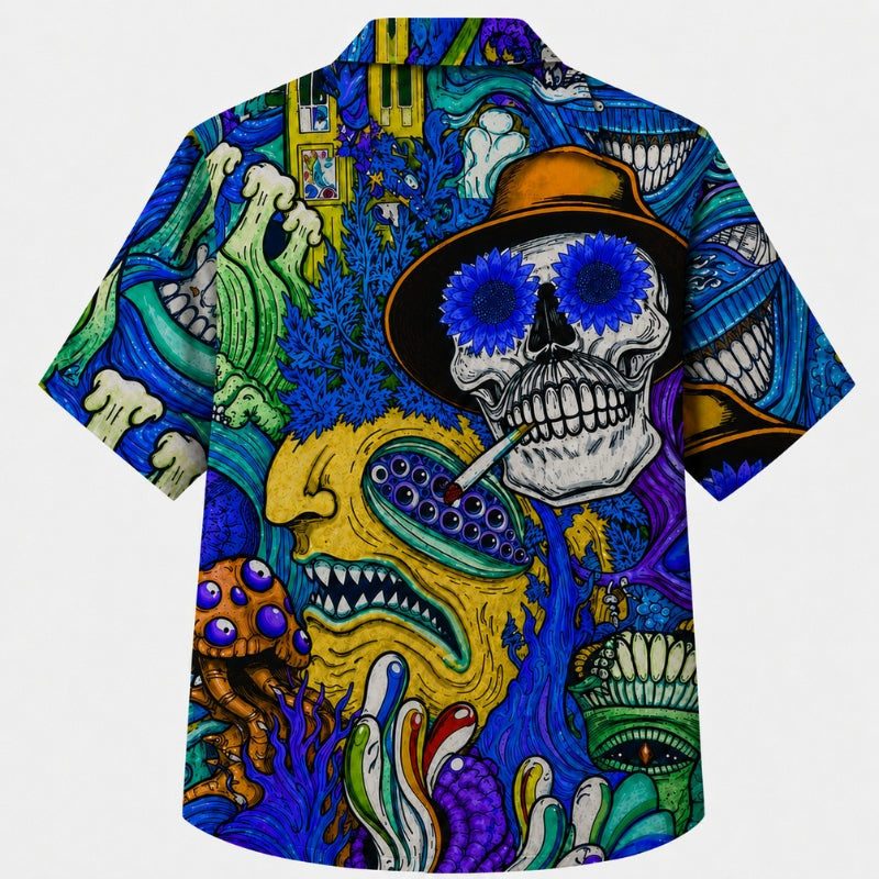 Halloween Hawaiian Shirt- Psychedelic Smoking Skull Print for Fall