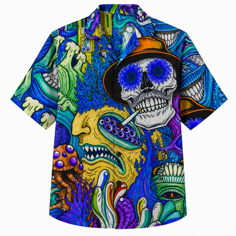 Halloween Hawaiian Shirt- Psychedelic Smoking Skull Print for Fall
