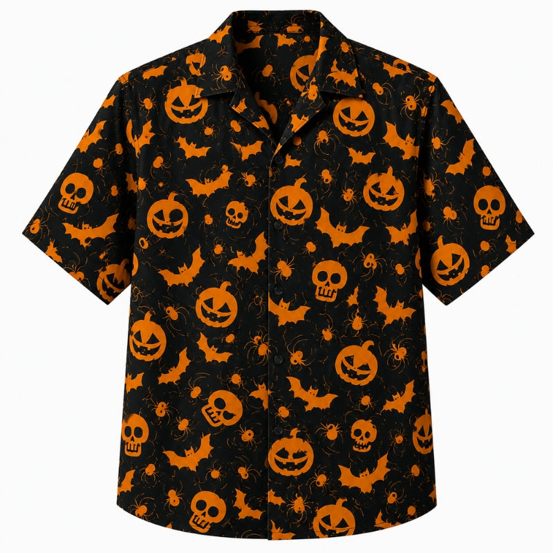 Halloween Hawaiian Shirt- Pumpkin Bat Spider Print for Autumn