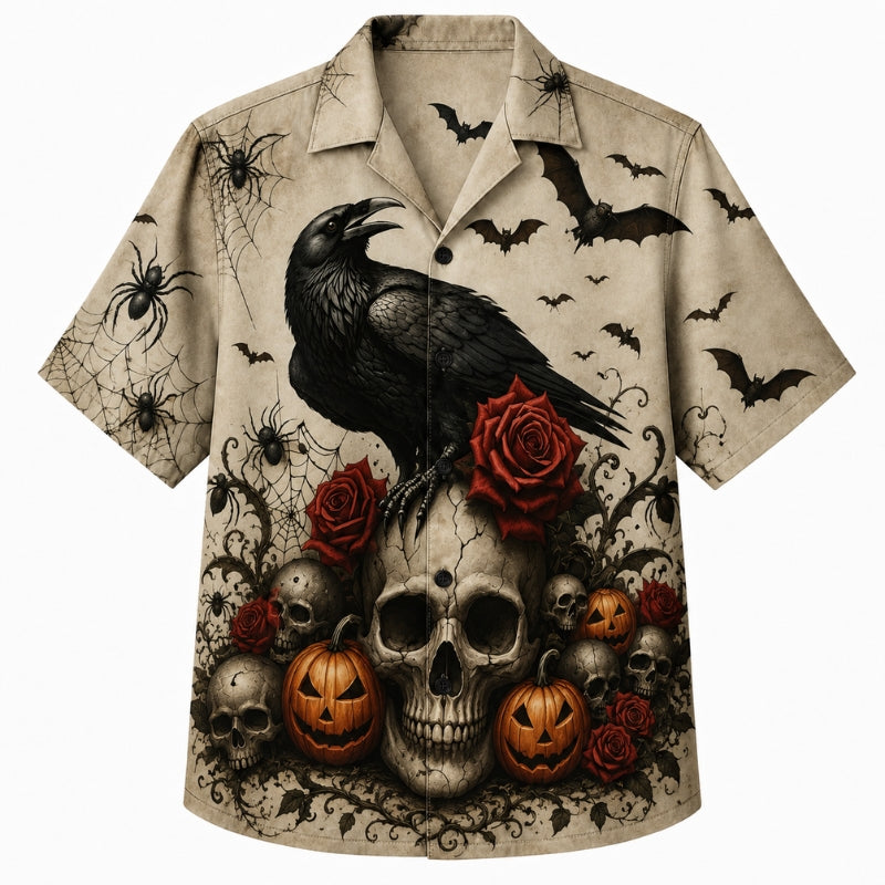 Halloween Hawaiian Shirt- Raven Skull Rose Print Fall Design