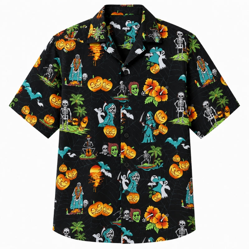 Halloween Hawaiian Shirt- Reaper and Ghost Island Print for Fall
