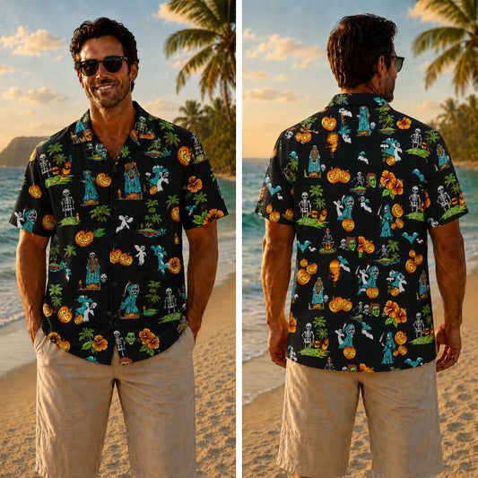 Halloween Hawaiian Shirt - Reaper and Ghost Island Print for Fall