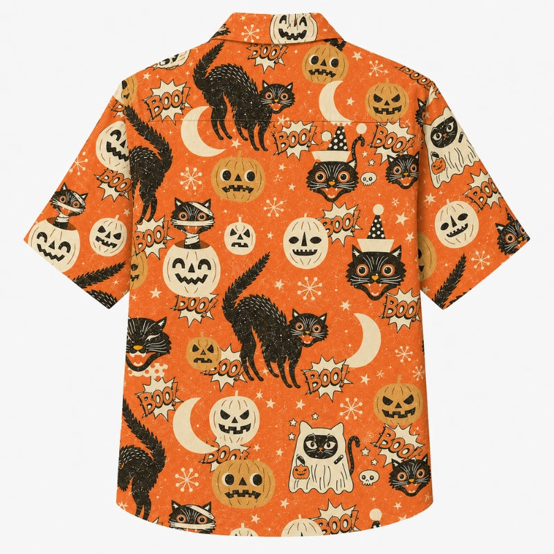 Halloween Hawaiian Shirt- Retro Cats and Pumpkins Print for Fall