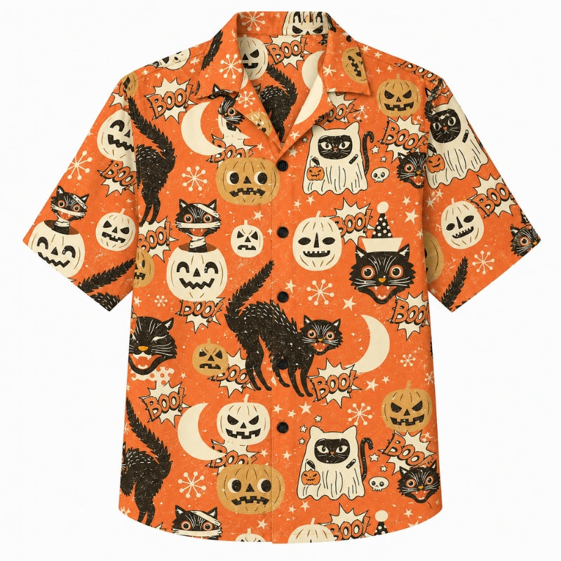 Halloween Hawaiian Shirt- Retro Cats and Pumpkins Print for Fall