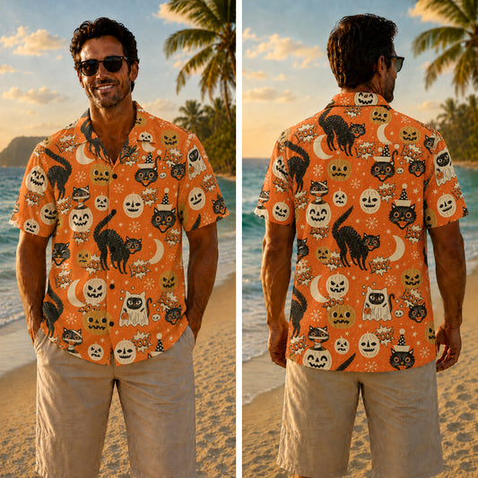 Halloween Hawaiian Shirt - Retro Cats and Pumpkins Print for Fall