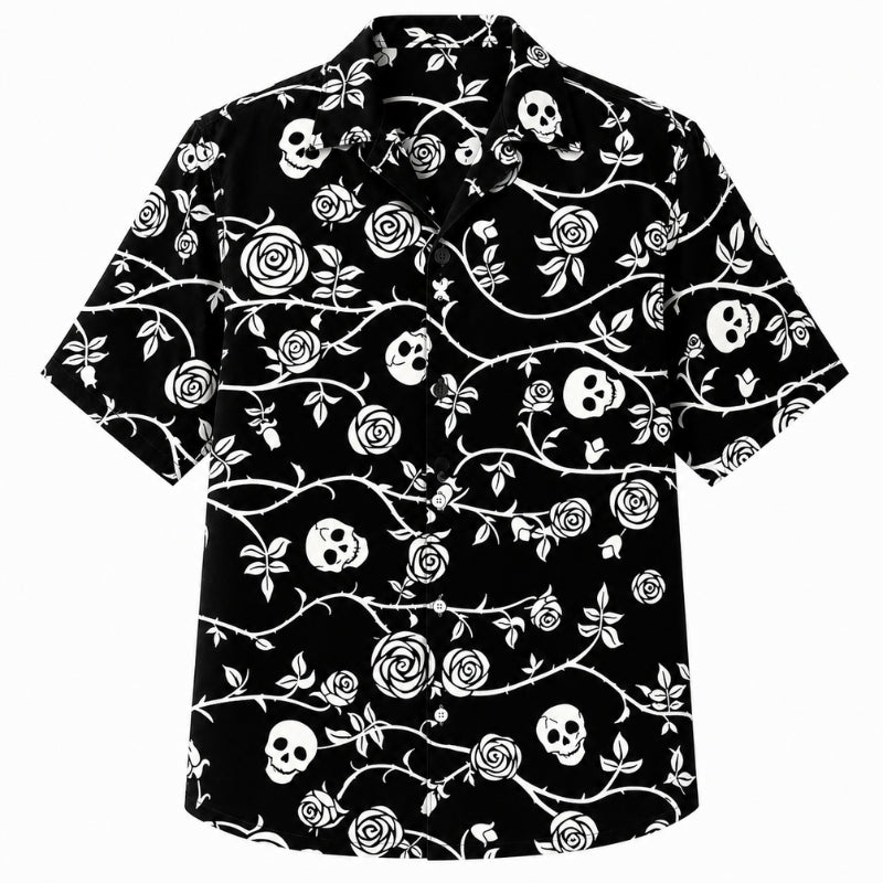 Halloween Hawaiian Shirt- Rose Vine Skull Print for the Season