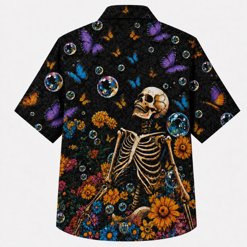Halloween Hawaiian Shirt- Skeleton Butterfly Bloom Print for Fall