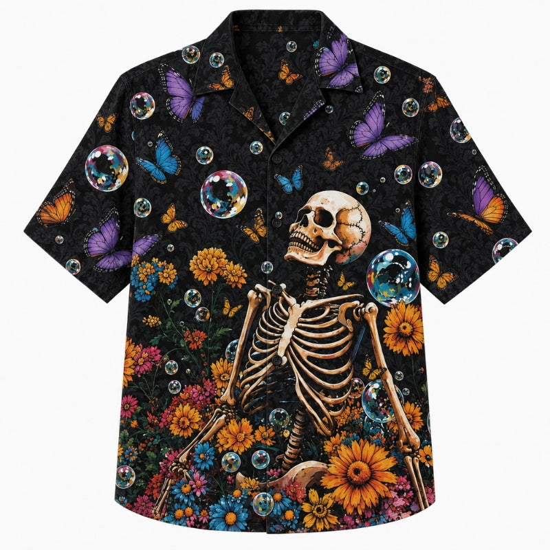 Halloween Hawaiian Shirt- Skeleton Butterfly Bloom Print for Fall
