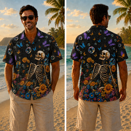 Halloween Hawaiian Shirt - Skeleton Butterfly Bloom Print for Fall