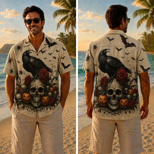 Halloween Hawaiian Shirt - Raven Skull Rose Print Fall Design