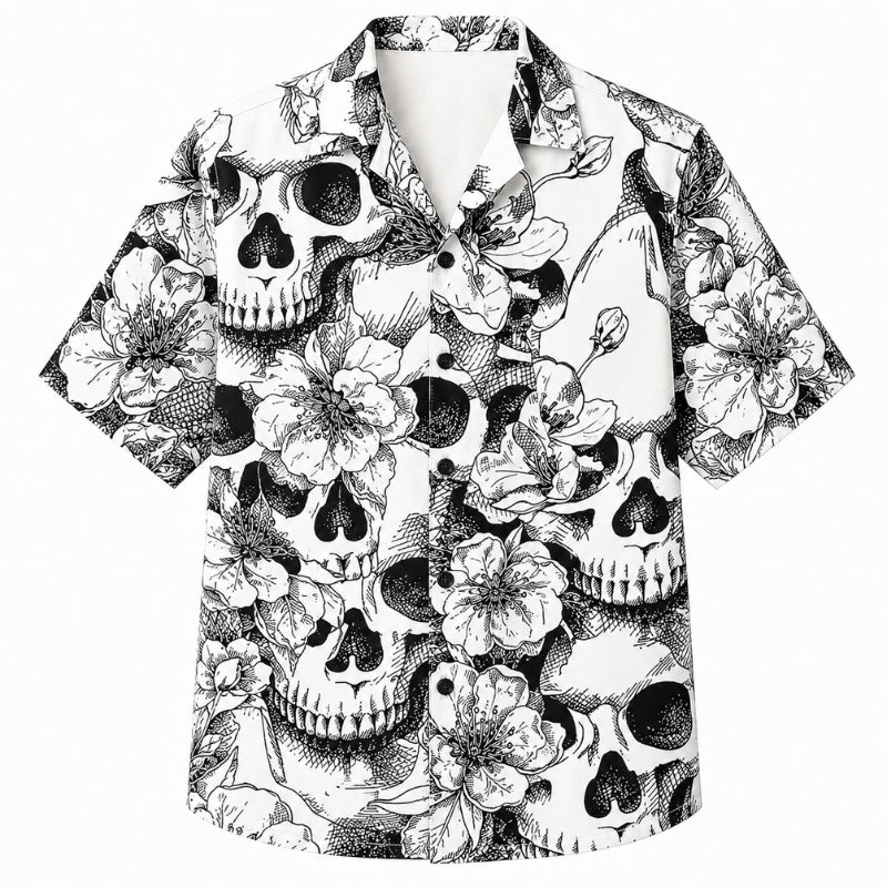 Halloween Hawaiian Shirt- Sketch Skull Blossom Print for Fall