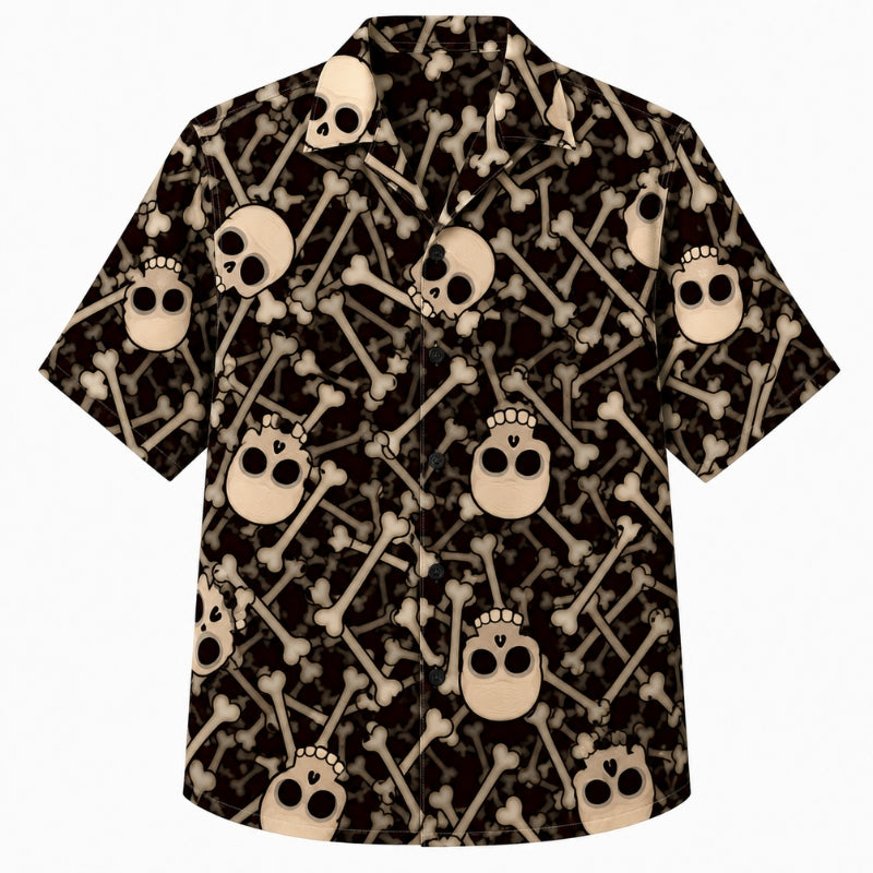 Halloween Hawaiian Shirt- Skull and Crossbones Pile Print for Fall