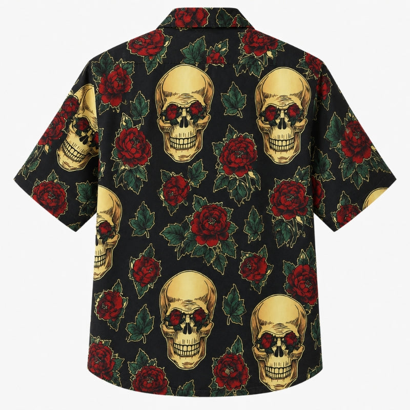 Halloween Hawaiian Shirt- Skull and Red Rose Print for Autumn