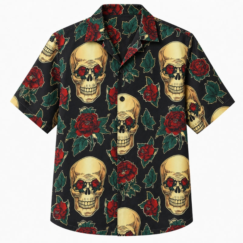 Halloween Hawaiian Shirt- Skull and Red Rose Print for Autumn