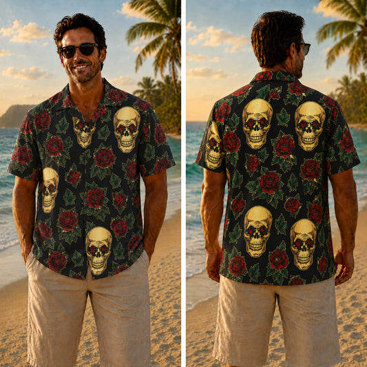 Halloween Hawaiian Shirt - Skull and Red Rose Print for Autumn