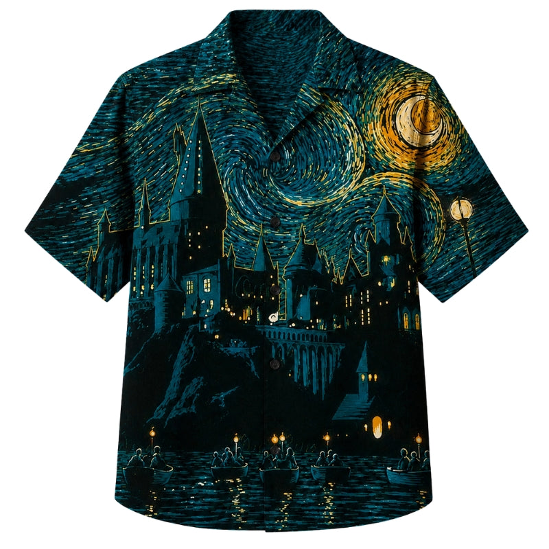 Halloween Hawaiian Shirt- Starry Night Castle Print for Fall