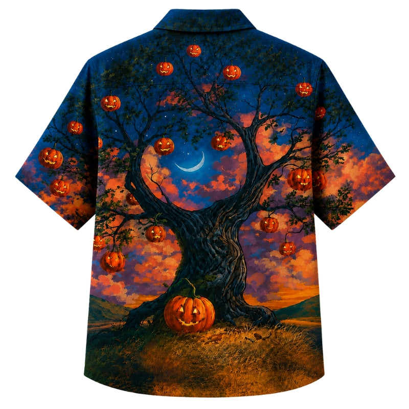 Halloween Hawaiian Shirt- Sunset Pumpkin Tree Print for Fall