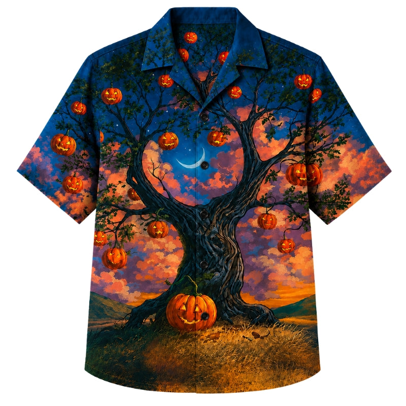 Halloween Hawaiian Shirt- Sunset Pumpkin Tree Print for Fall