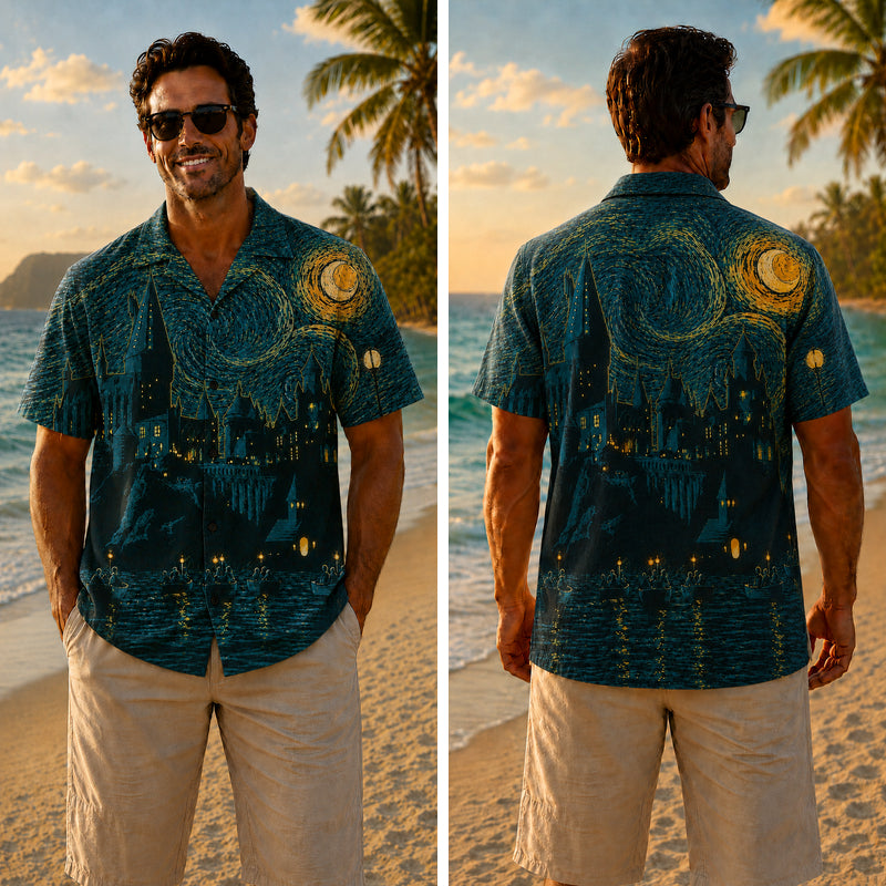 Halloween Hawaiian Shirt - Starry Night Castle Print for Fall