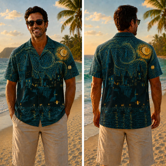 Halloween Hawaiian Shirt - Starry Night Castle Print for Fall