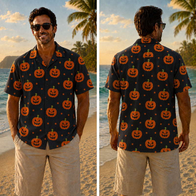 Halloween Hawaiian Shirt - Pumpkin and Stars Print for Autumn