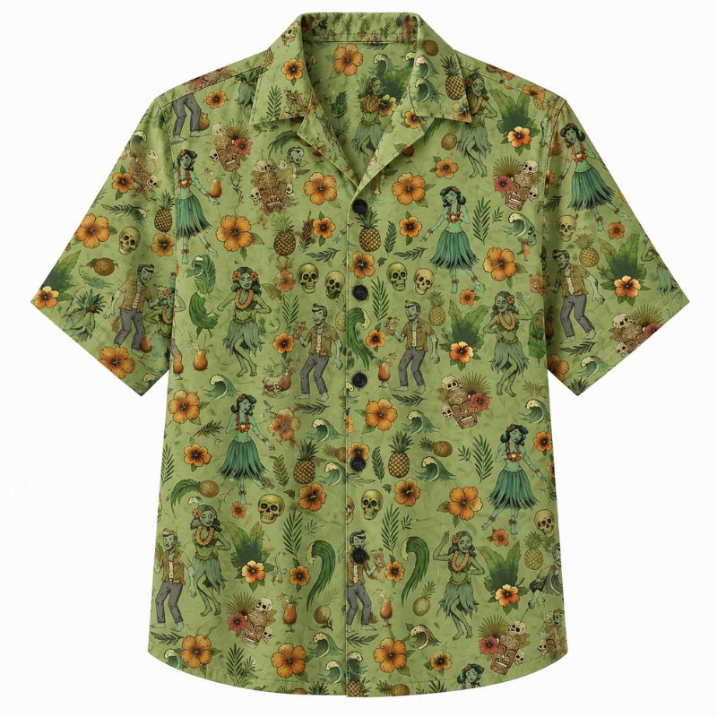 Halloween Hawaiian Shirt- Tiki Hula Skull Print for the Season