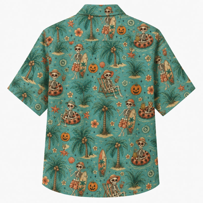 Halloween Hawaiian Shirt- Tropical Skeleton Beach Print for Fall