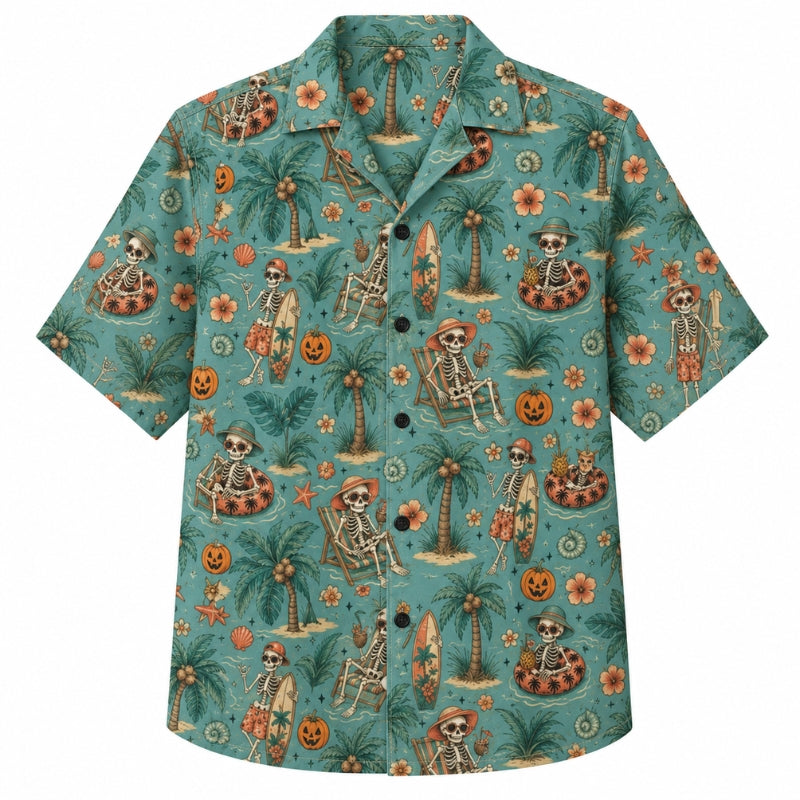 Halloween Hawaiian Shirt- Tropical Skeleton Beach Print for Fall