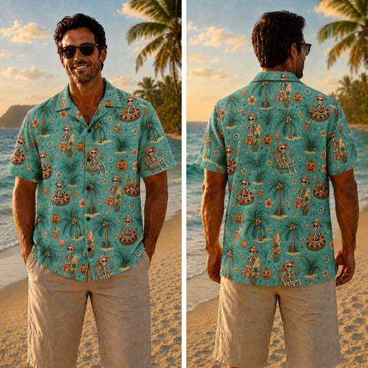 Halloween Hawaiian Shirt - Tropical Skeleton Beach Print for Fall