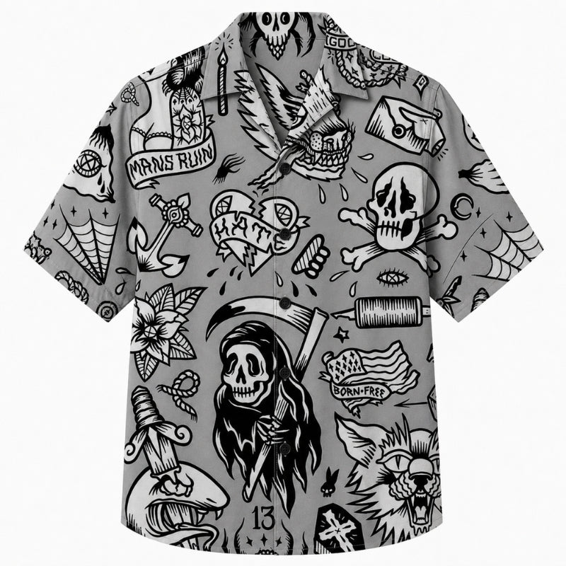 Halloween Hawaiian Shirt- Vintage Tattoo Flash Print for Fall