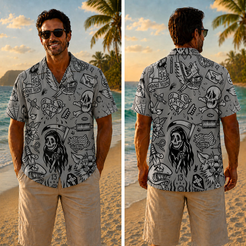 Halloween Hawaiian Shirt- Vintage Tattoo Flash Print for Fall