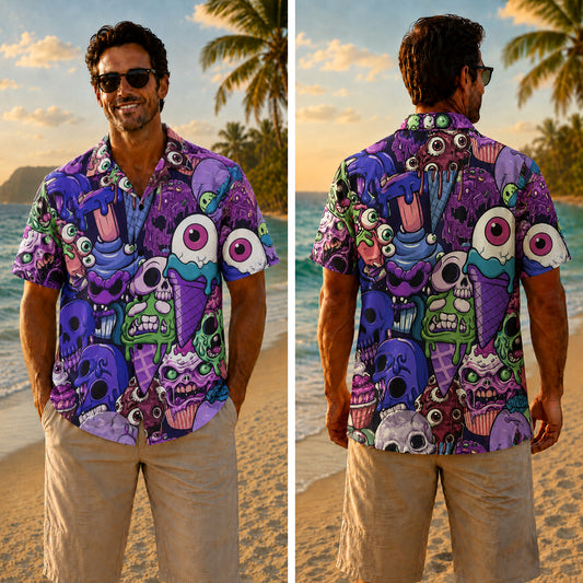Halloween Hawaiian Shirt - Zombie Ice Cream Monster Print for Fall