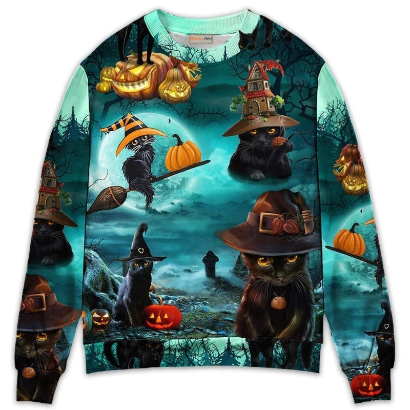 Halloween Black Cat Pumpkin Art Style – Sweater - Ugly Christmas Sweater