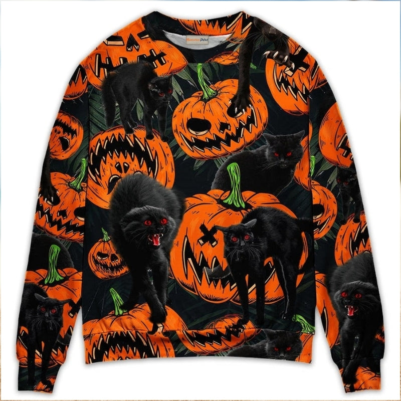 Halloween Black Cat Pumpkin Tropical Art – Sweater - Ugly Christmas Sweater
