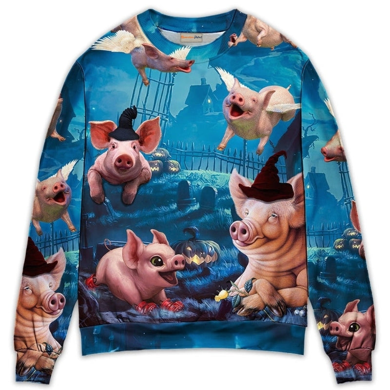Halloween Flying Pig Pumpkin Art – Sweater - Ugly Christmas Sweater