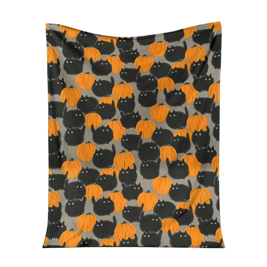 Halloween Pumpkin Black Cat 50 x 60 Inch Flannel Blanket For Cozy Bedroom And Sofa Decor
