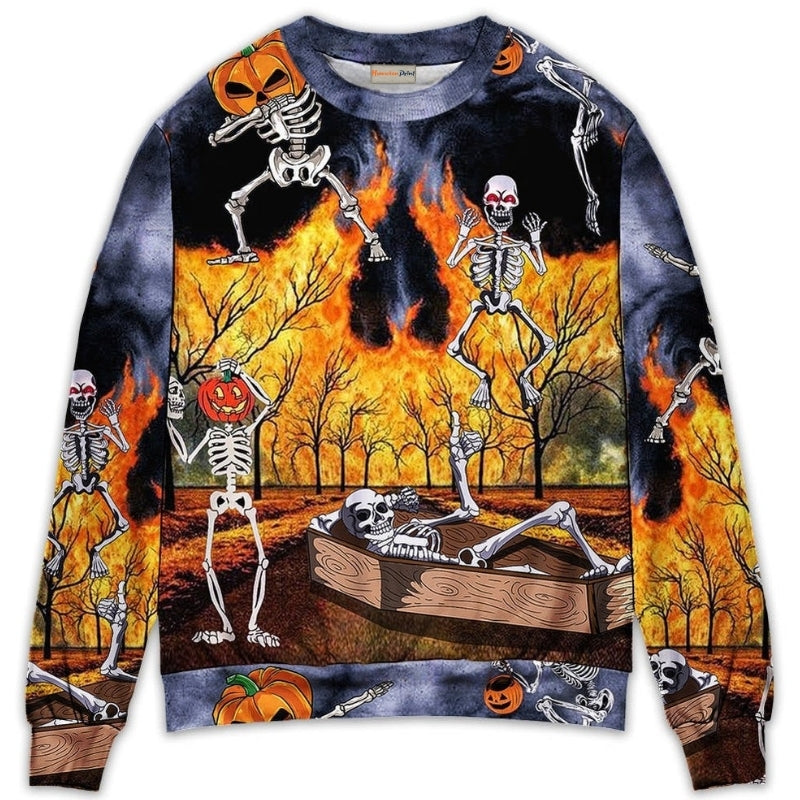 Halloween Skeleton Pumpkin Party Art – Sweater - Ugly Christmas Sweater
