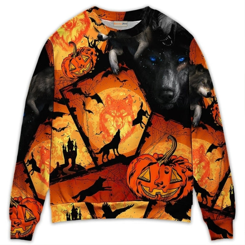 Halloween Wolf Pumpkin Fantasy Art – Sweater - Ugly Christmas Sweater