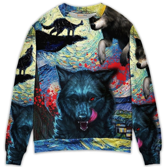 Halloween Black Wolf Starry Night Art – Sweater - Ugly Christmas Sweater
