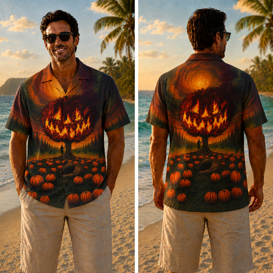 Halloween Hawaiian Shirt - Blazing Pumpkin Tree Print for Fall