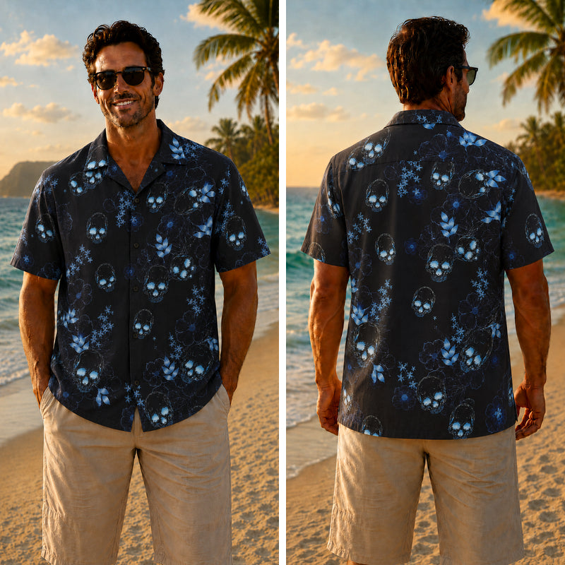 Halloween Hawaiian Shirt - Blue Glow Skull Floral Print for Fall