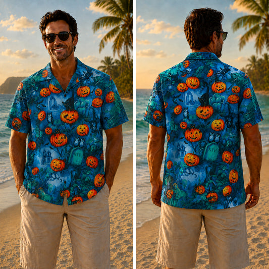 Halloween Hawaiian Shirt - Blue Haunted Graveyard Print for Fall