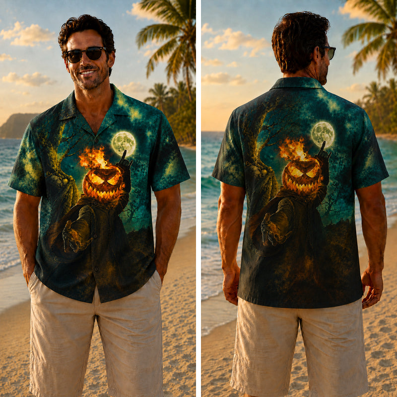Halloween Hawaiian Shirt - Flaming Pumpkin Scarecrow Print for Fall