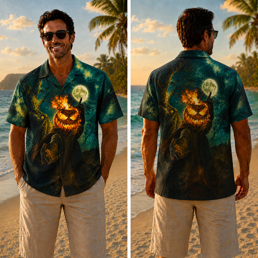 Halloween Hawaiian Shirt - Flaming Pumpkin Scarecrow Print for Fall