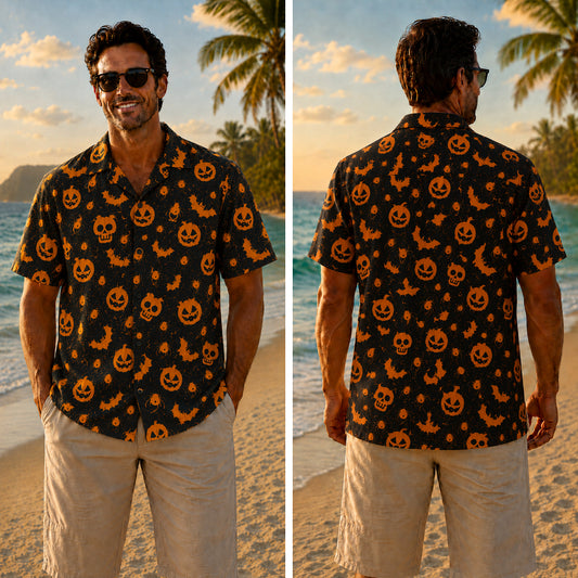 Halloween Hawaiian Shirt - Pumpkin Bat Spider Print for Autumn