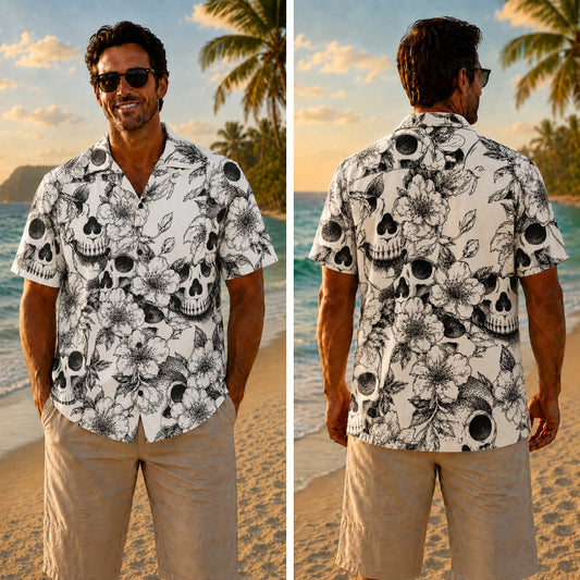 Halloween Hawaiian Shirt - Sketch Skull Blossom Print for Fall